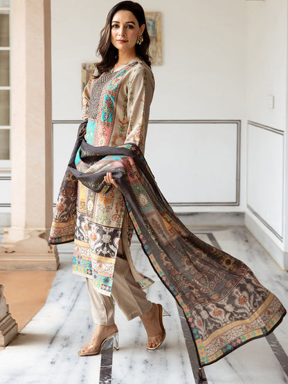Ethnic Motifs Printed Mandarin Collar Modal Tissue Kurta & Trousers With Dupatta