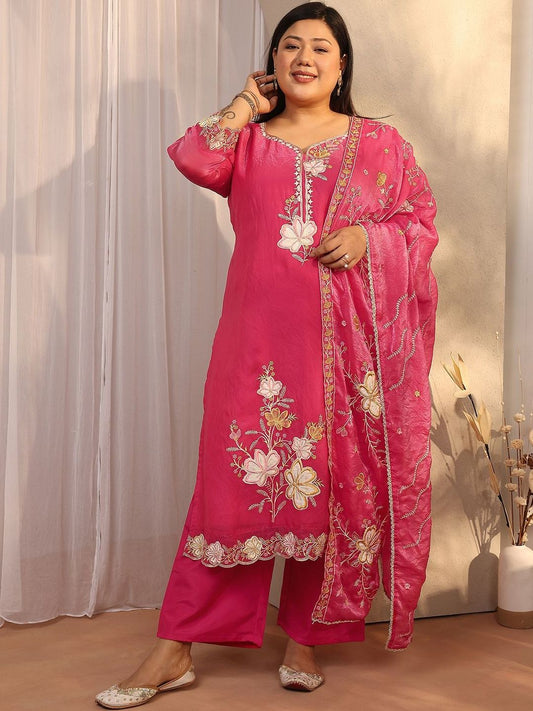 Dhiyona Women's Plus Size Floral Embroidered Kurta with Trousers & With Dupatta