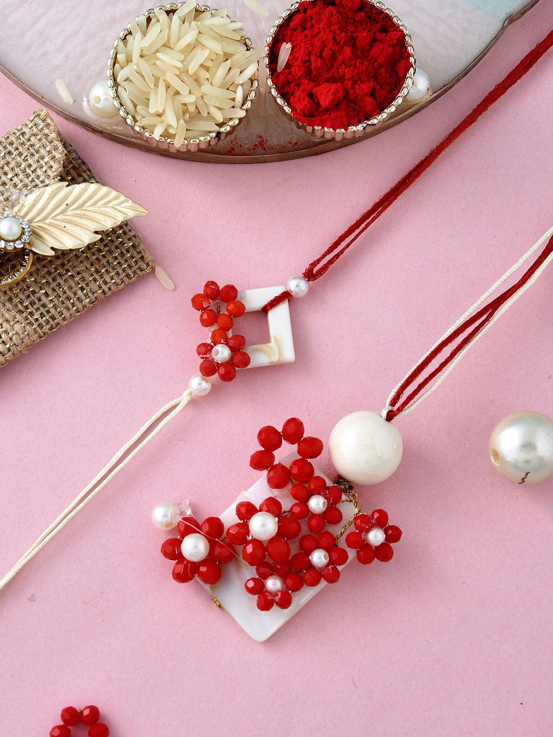 Dhiyona Yellow Pearl-Beaded Bhaiya Bhabhi Rakhi With Roli Chawal & Greeting Card