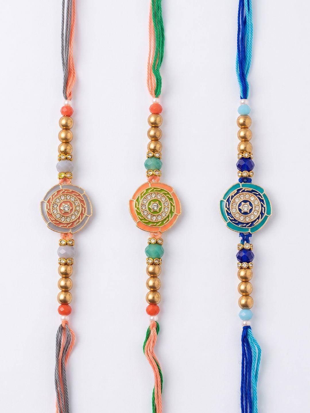 Dhiyona Set Of 3 Floral Design Multicolor Artificial Beads Thread Rakhi With Roli Chawal
