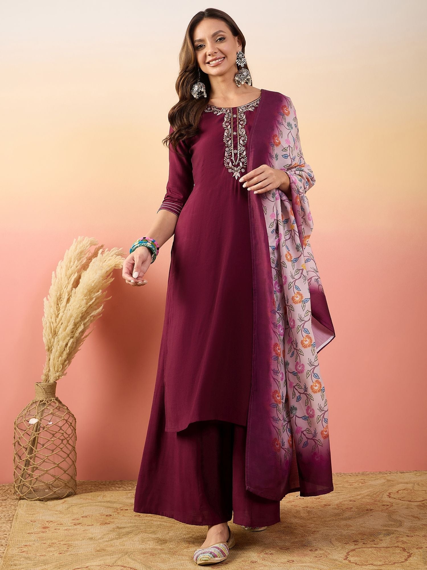 Dhiyona SN Self Design Embroidered A-Line Kurta With Palazzos & Dupatta