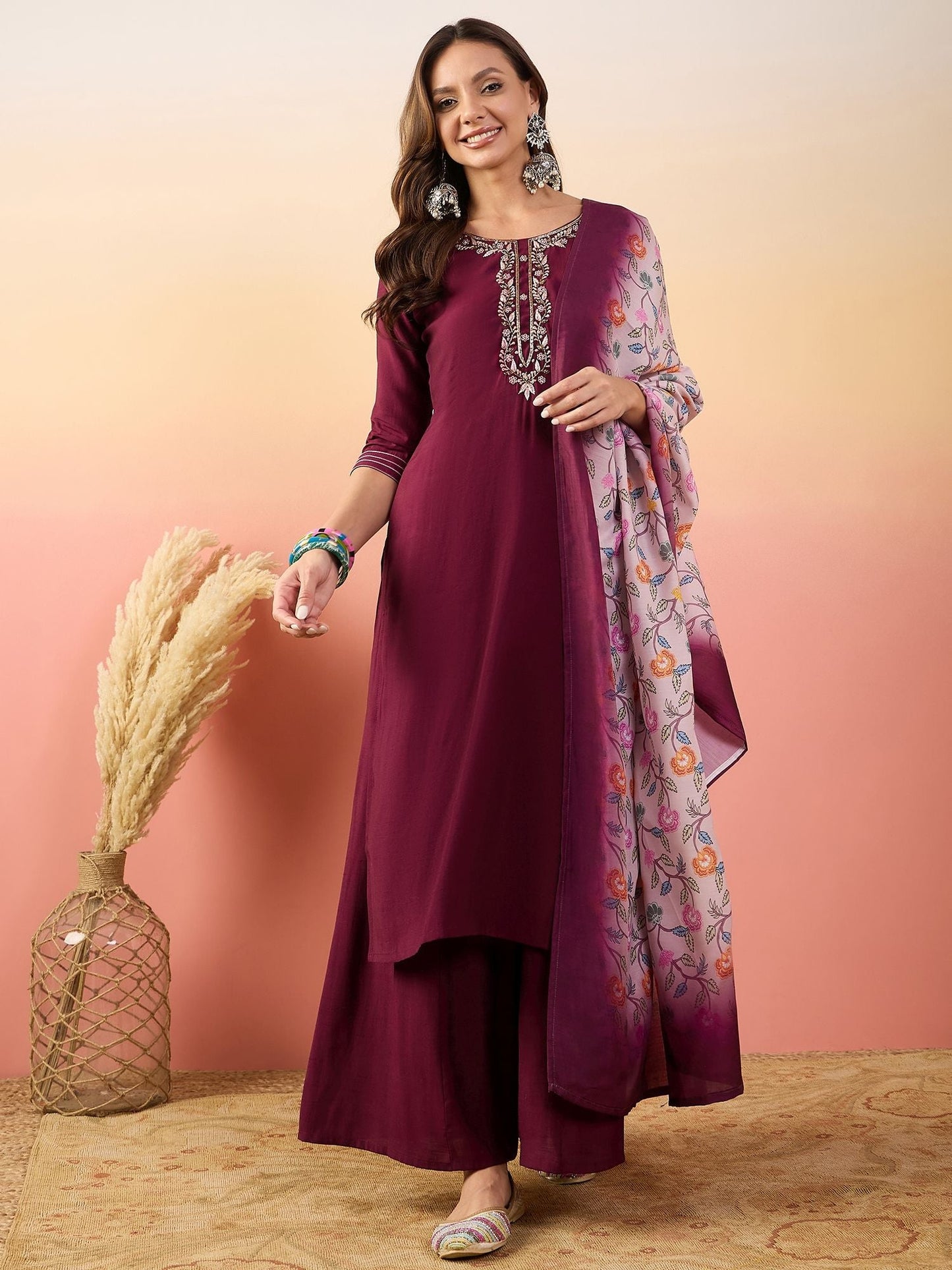 Dhiyona SN Self Design Embroidered A-Line Kurta With Palazzos & Dupatta