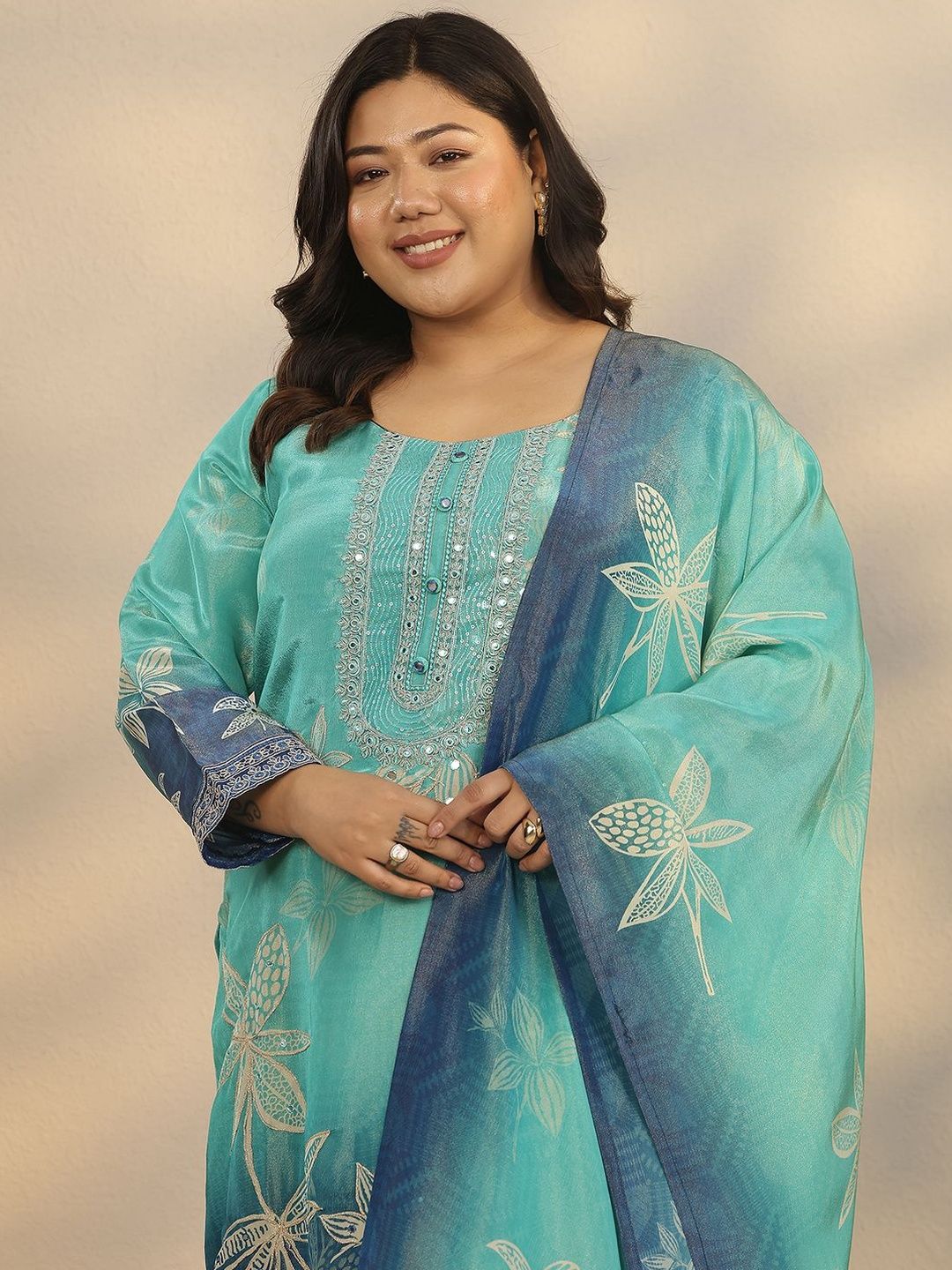 Dhiyona Women's Plus Size Floral Printed Straight Kurta With Palazzos & Dupatta