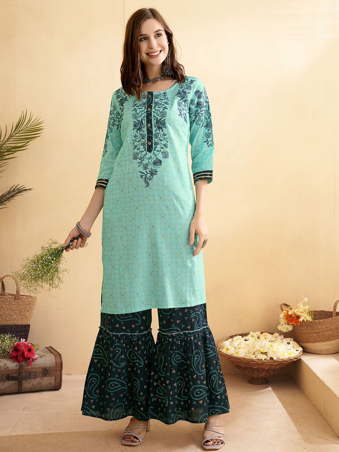 Dhiyona AN Sea Green Floral Printed Pure Cotton Straight Kurta With Sharara