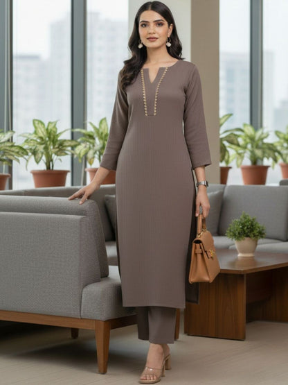 Brown Women Regular Thread Work Silk Crepe Kurta with Trousers