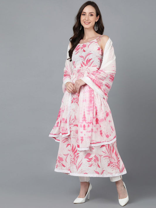 Dhiyona KL Floral Printed Shoulder Straps Pure Cotton A-Line Kurta & Trousers With Dupatta
