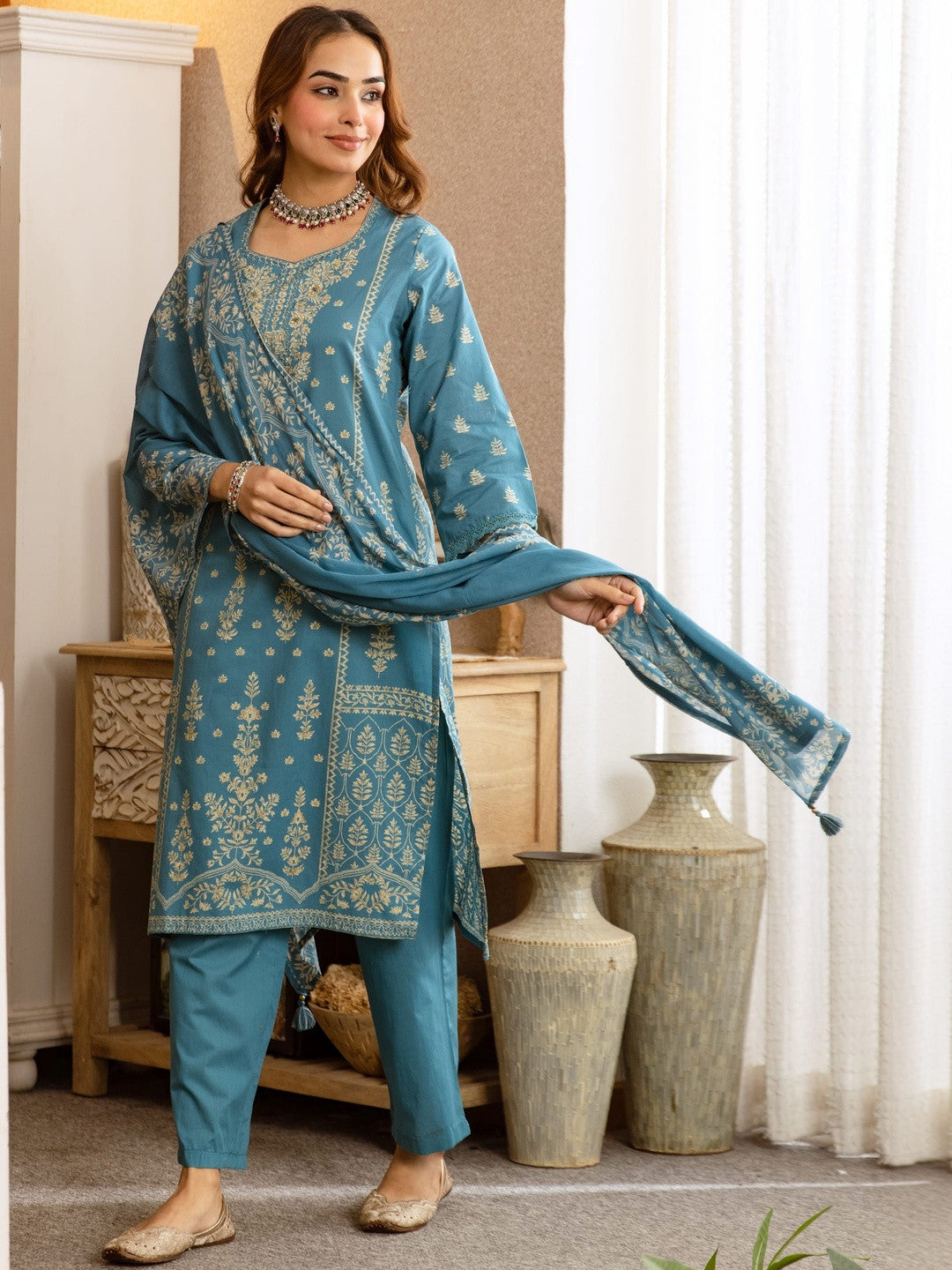 Printed Cotton Sweetheart Neck Kurta & Trousers with Dupatta