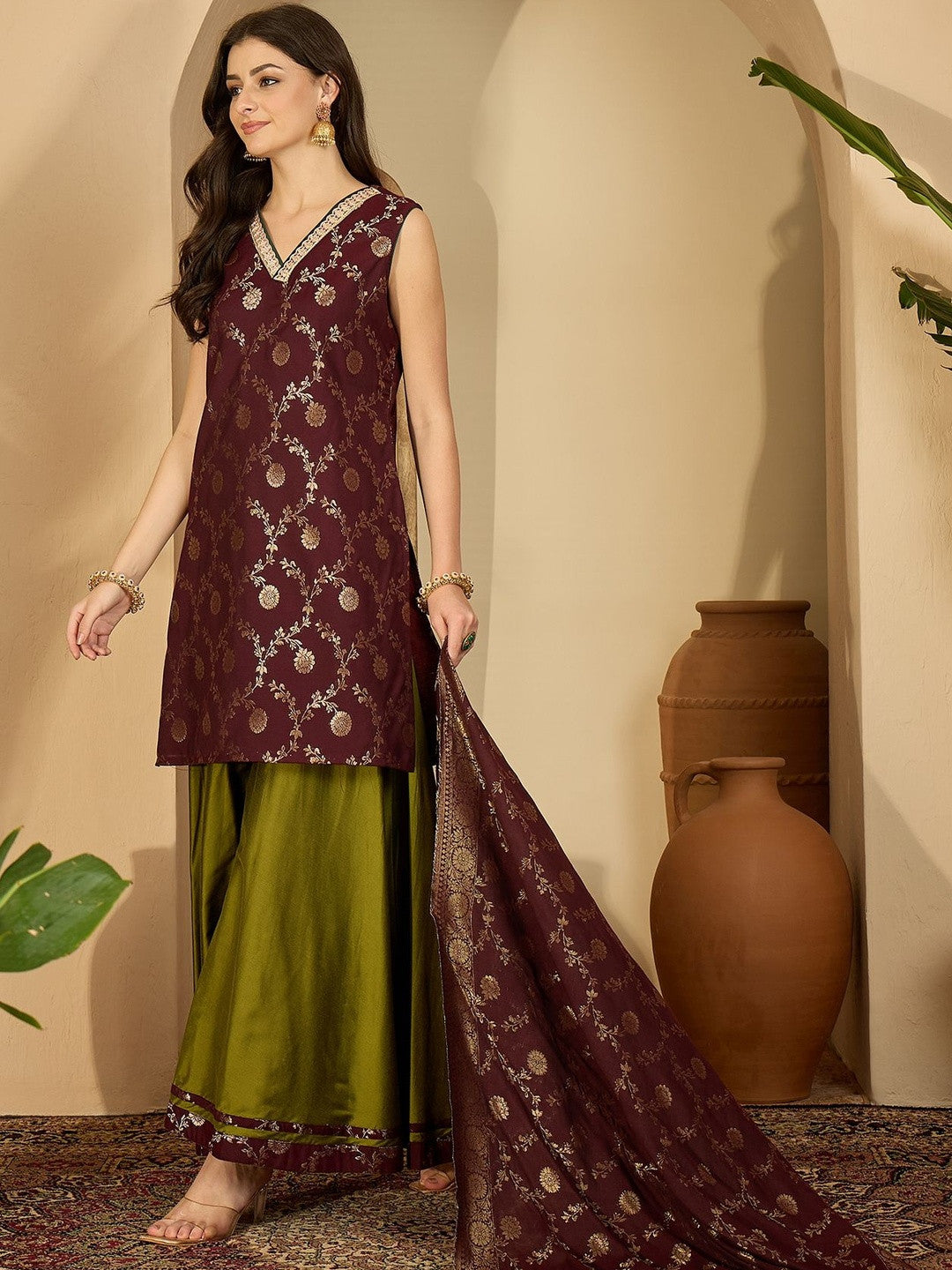 Floral Woven Design Winter Pashmina V-Neck Zari Work Kurta With Palazzo & Dupatta