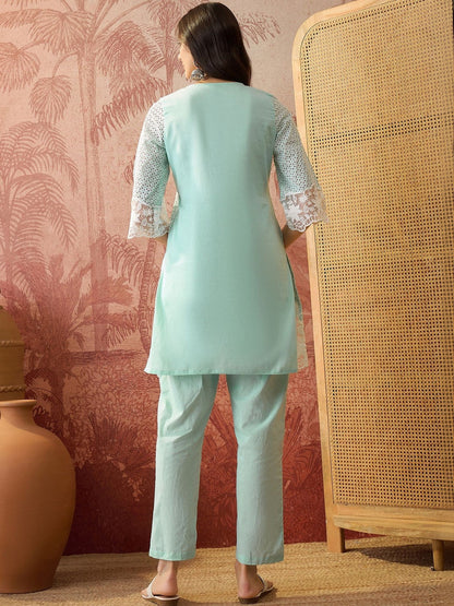 Embroidered Pure Cotton V-Neck Kurta & Trousers Kurta Set