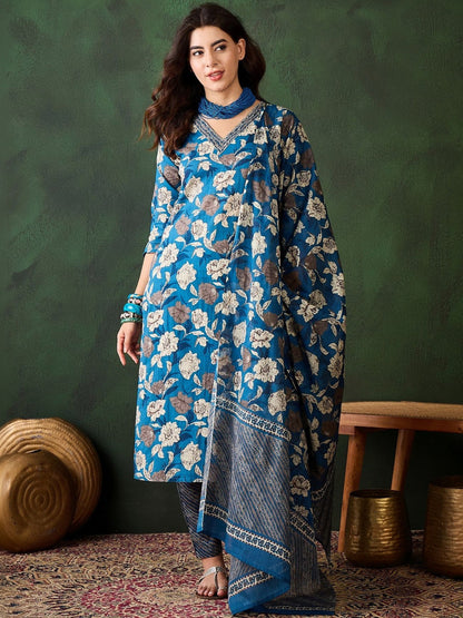 Printed Pure Cotton V-Neck Kurta & Trousers Kurta Set