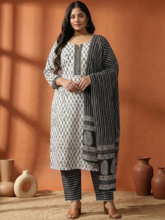 Dhiyona Women's Ethnic Motifs Printed Regular Pure Cotton Kurta with Trousers & With Dupatta