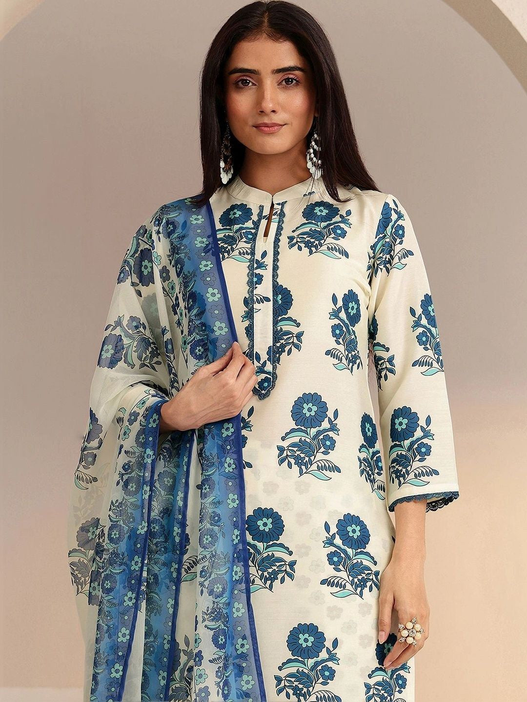 Ivory Floral Printed Straight Cotton Blend Suit Set