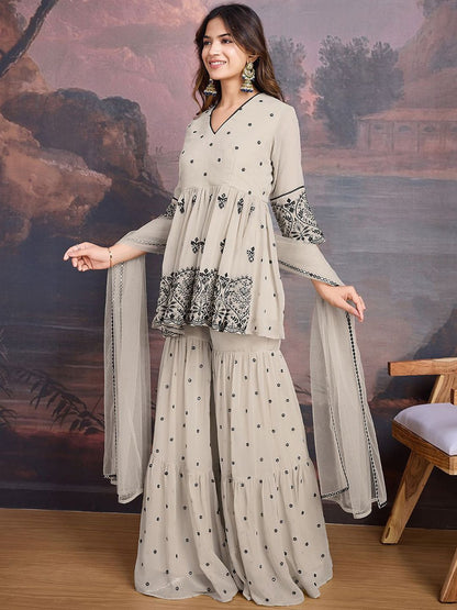 Dhiyona HOP Floral Embroidered Sequinned Georgette Kurta with Sharara & Dupatta