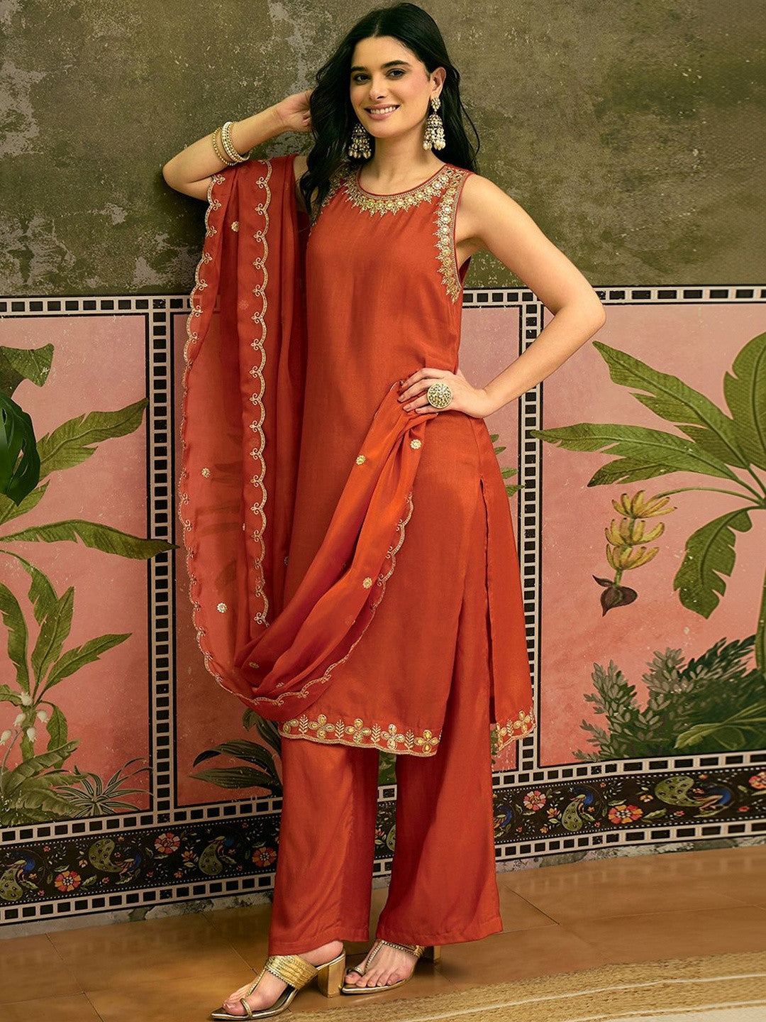 Orange Santoon Zari Sequence GotaPatti Embroidered Kurta With Palazzo Set