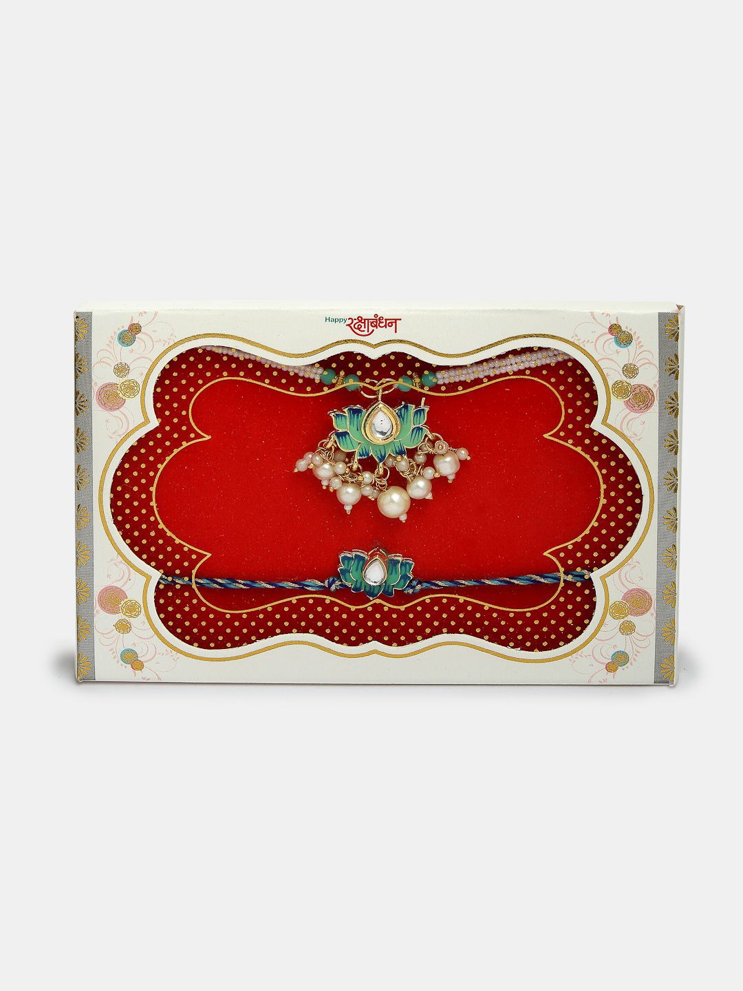 Dhiyona Kundan Studded And Beaded Lotus Shape Bhaiya Bhabhi Rakhis With Roli Chawal