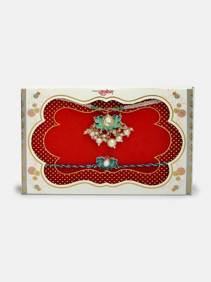Dhiyona Kundan Studded And Beaded Lotus Shape Bhaiya Bhabhi Rakhis With Roli Chawal