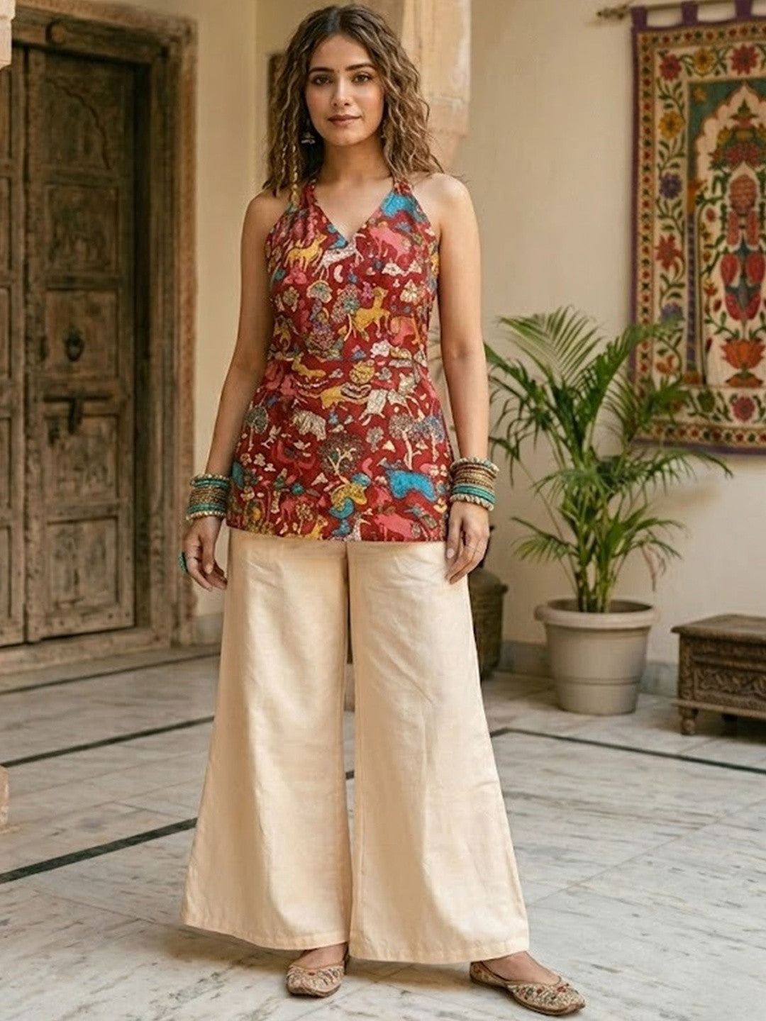 Printed Pure Cotton Halter Neck Kurti & Palazzos