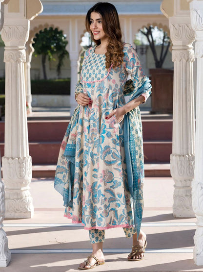 Dhiyona KL Women Floral Printed Regular Pure Cotton Kurta with Trousers & With Dupatta