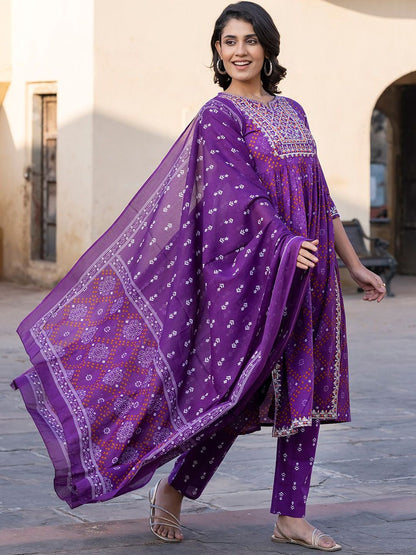 Dhiyona KL Bandhani Printed Thread Work Pure Cotton A-Line Kurta With Trouser & Dupatta