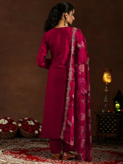 Women's LB Red Embroidered Silk Blend Straight Suit With Dupatta