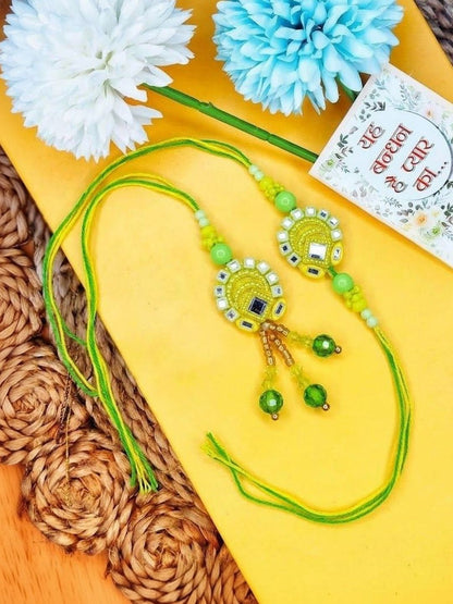 Dhiyona Set Of 2 Artificial Beads Mirror Work Bhaiya Bhabhi Rakhi With Roli Chawal Chandan