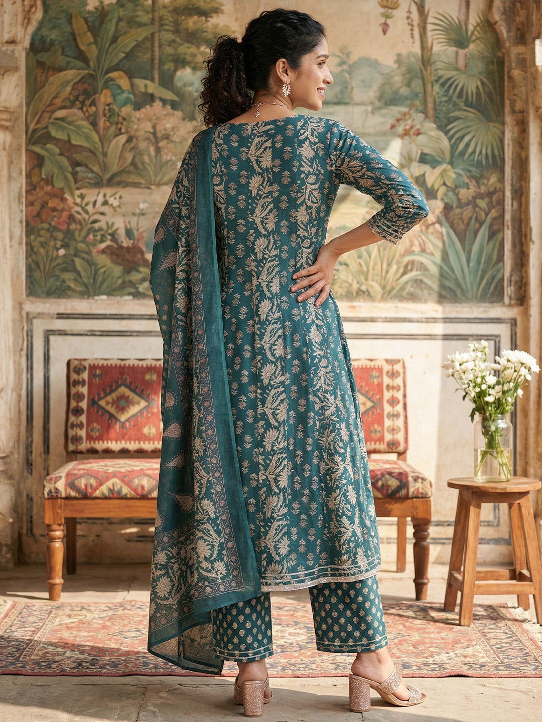 Women's Pure Cotton 3 Pcs Teal Colour Flared Printed Kurta Sets Kurta Sets
