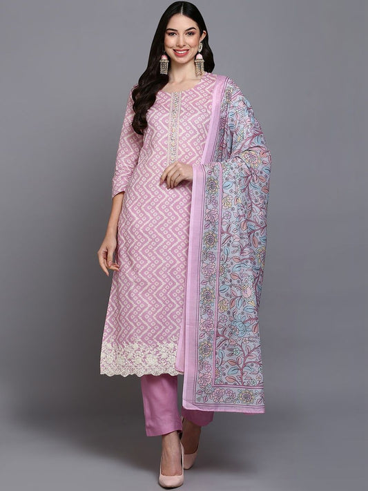 Dhiyona KL Women Printed Regular Thread Work Kurta with Trousers & With Dupatta