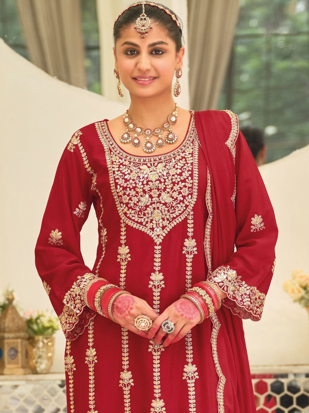 Dhiyona IE Ethnic Motifs Embroidered Straight Kurta With Palazzos & Dupatta