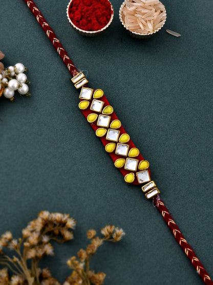 Dhiyona Set Of 4 Red Kundan-Studded & Beaded Rakhi With Roli Rice & Greeting Card