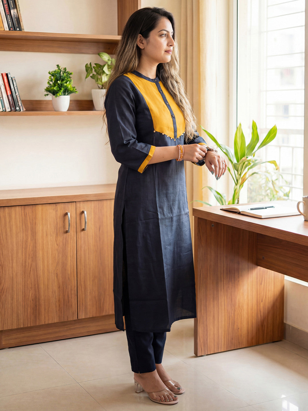 Black Solid A-line Kurta Trousers Set