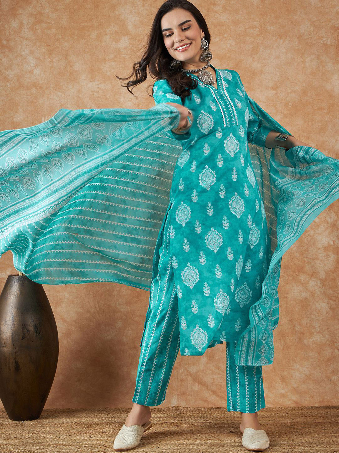 Ethnic Motifs Printed Pure Cotton Kurta With Trousers & Dupatta