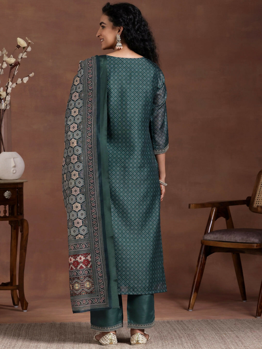 Women's LB Teal Printed Silk Blend Straight Suit With Dupatta