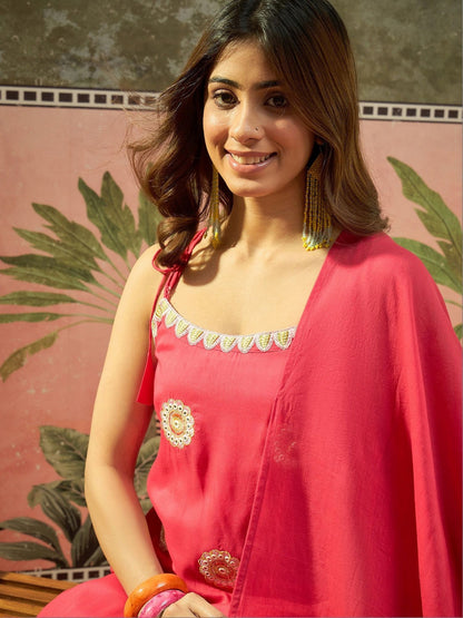 Embroidered Shoulder Straps Kurta & Trousers With Dupatta
