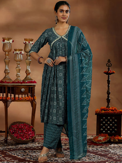 Women Ethnic Motifs Printed Angrakha Thread Work Kurta with Trousers & With Dupatta