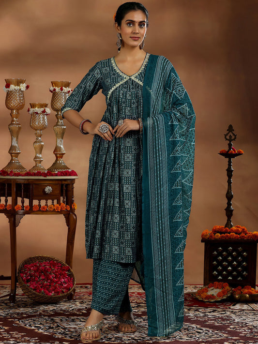 Women Ethnic Motifs Printed Angrakha Thread Work Kurta with Trousers & With Dupatta