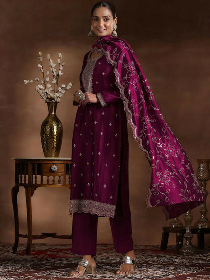 Women's LB Wine Embroidered Silk Blend Straight Suit With Dupatta