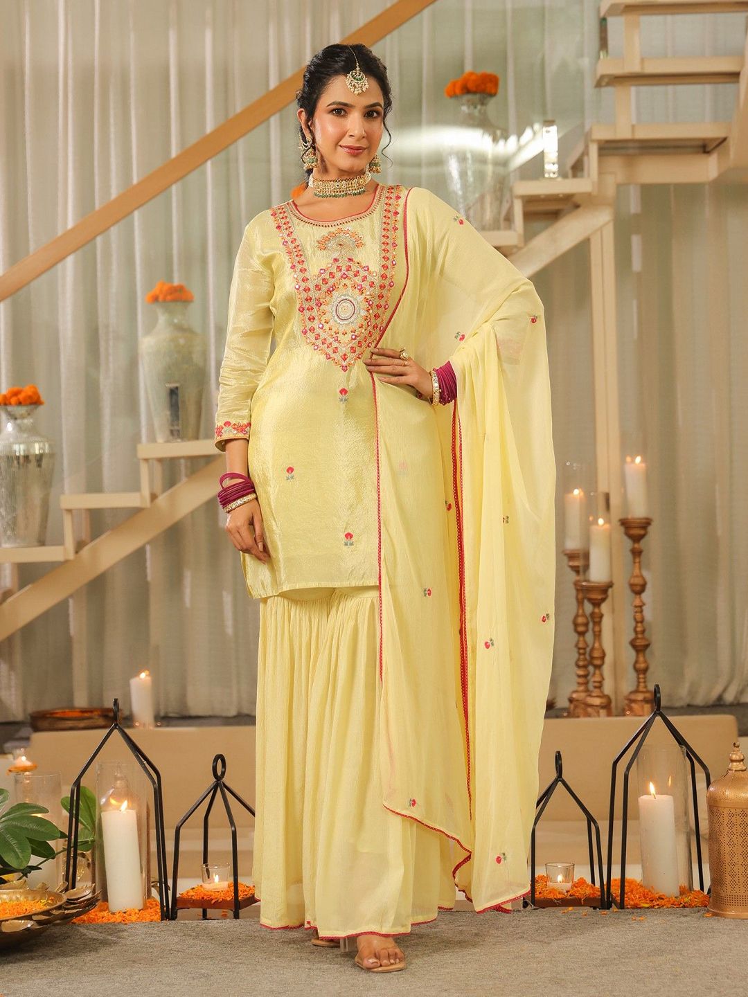 Dhiyona SC Women Ethnic Motifs Embroidered Kurta with Sharara & Dupatta