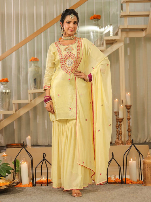 Dhiyona SC Women Ethnic Motifs Embroidered Kurta with Sharara & Dupatta