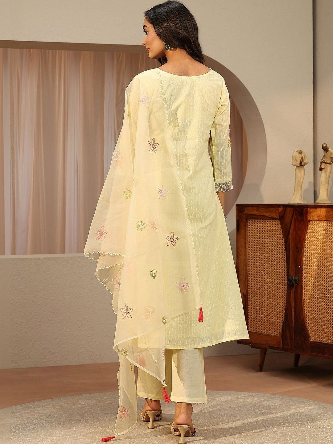 Off White Floral Embroidered Cotton A-line Suit Set