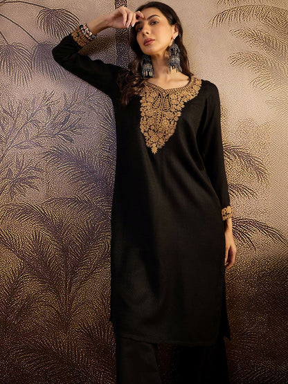 Pashmina Qazmi Winter Black Kashmiri Aari Embroidery work Kurta set