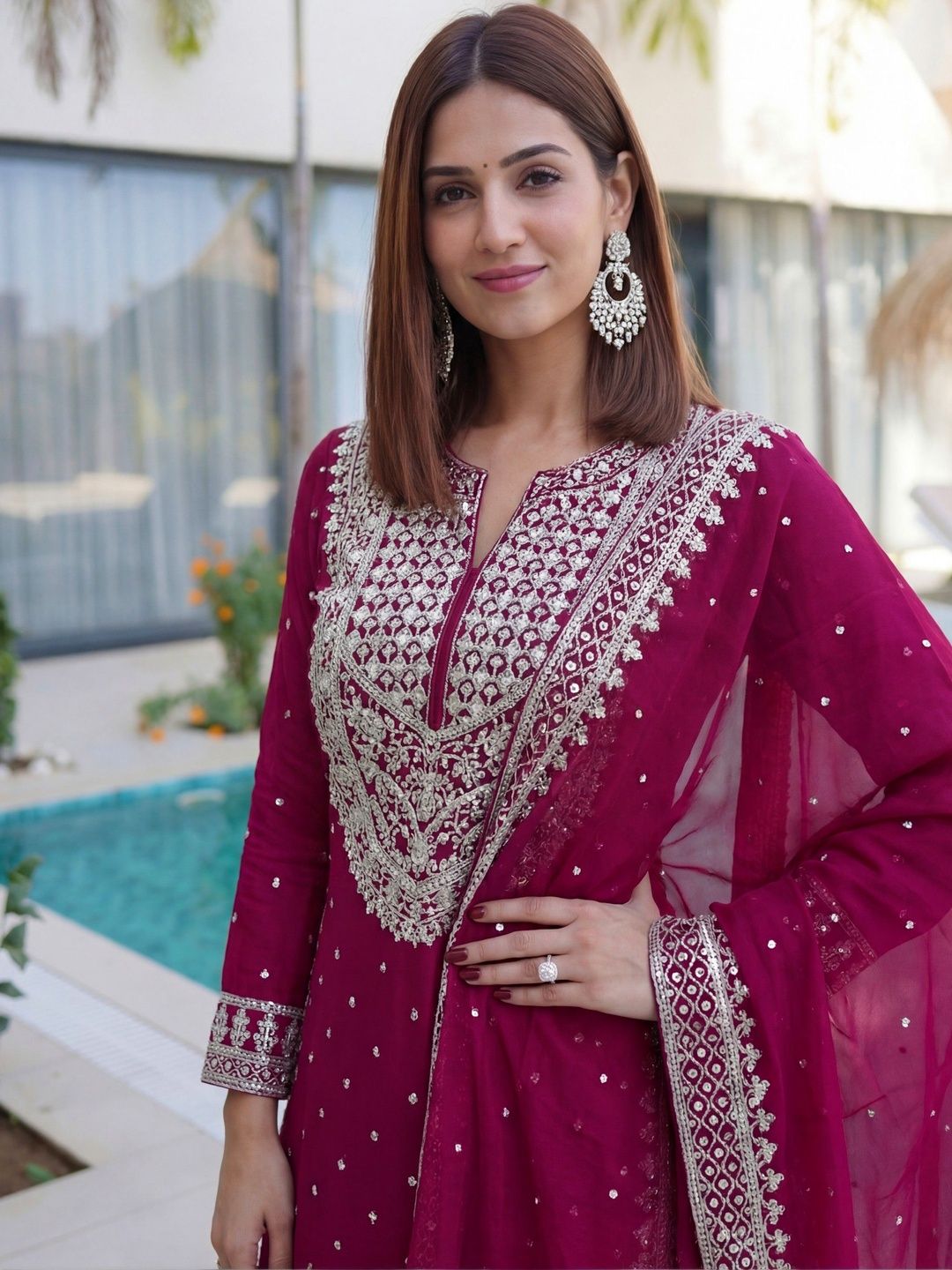 Dhiyona SN Embroidered Round Neck Straight Kurta & Sharara With Dupatta