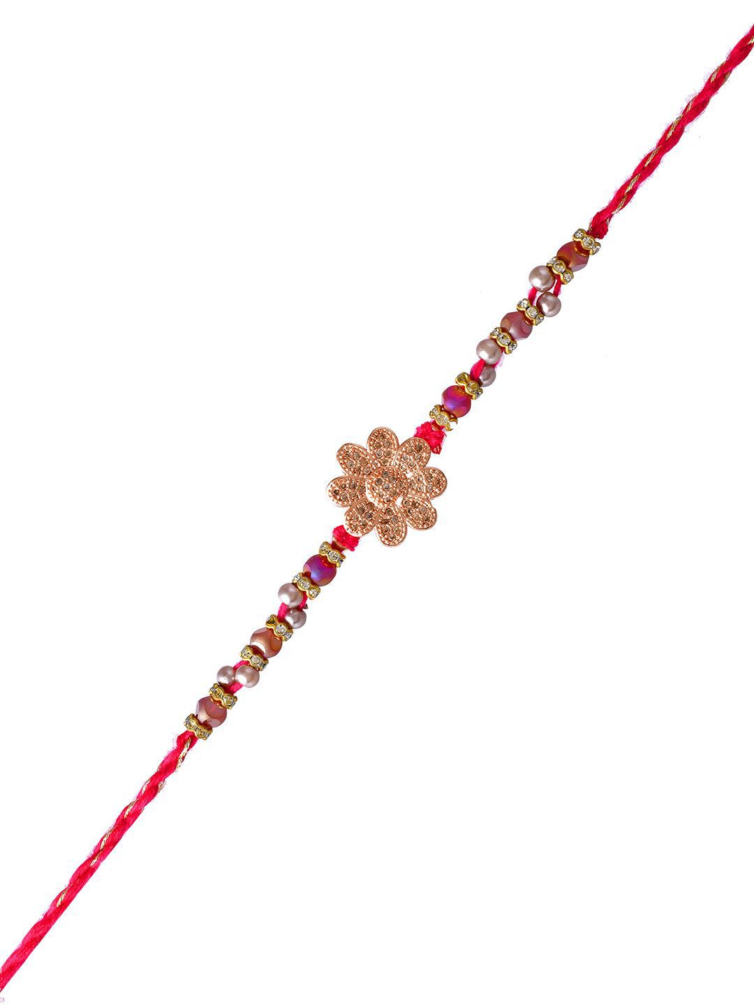 Dhiyona Gold Toned Beaded Floral Rakhi With Roli Chawal & Greeting Card
