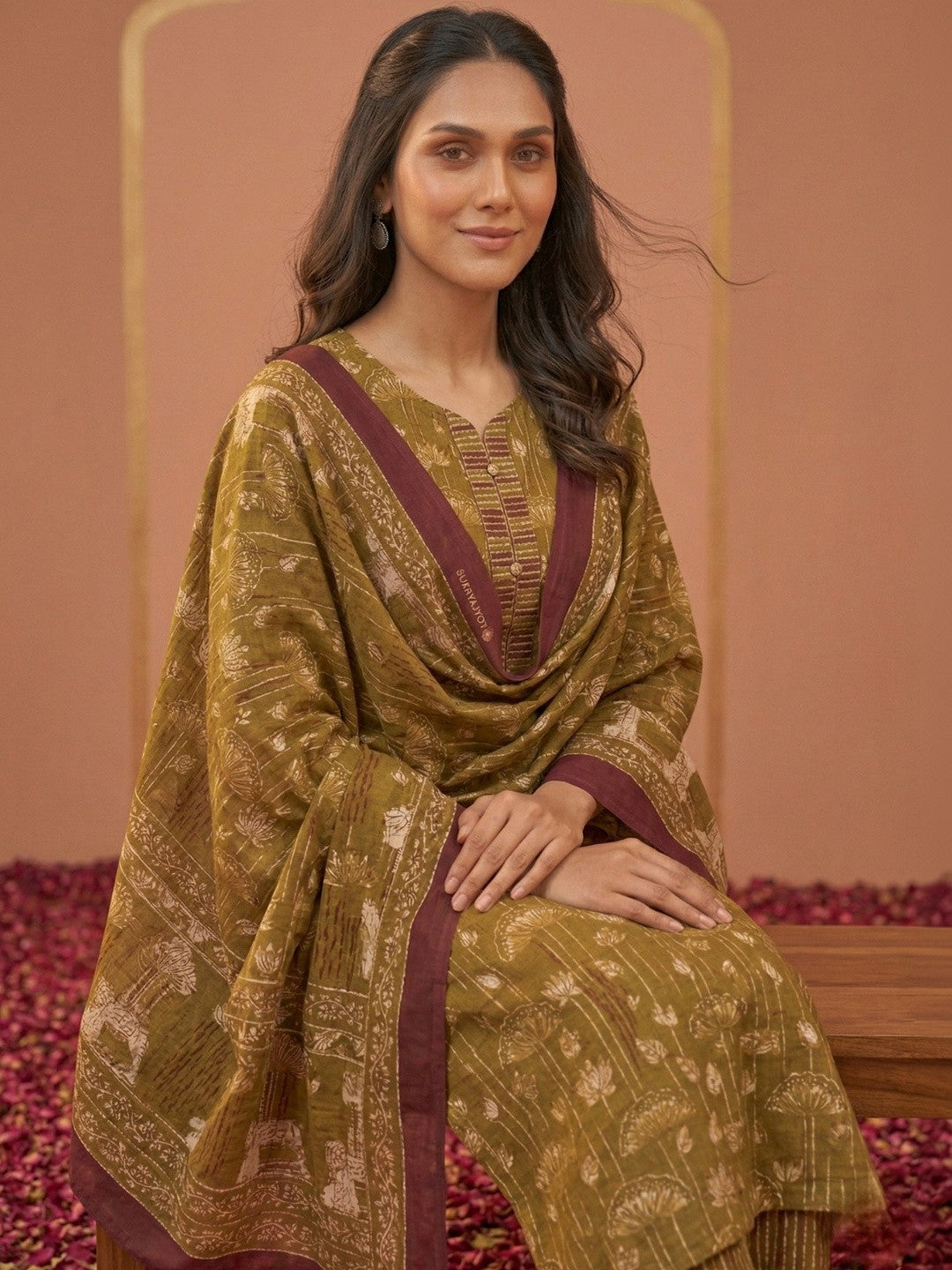Printed Cotton Sweetheart Neck Kurta & Trousers With Dupatta