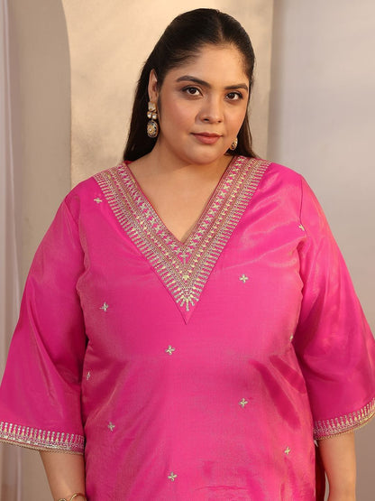 Dhiyona Women's Plus Size Ethnic Motifs Embroidered Kurta with Trouser & Dupatta