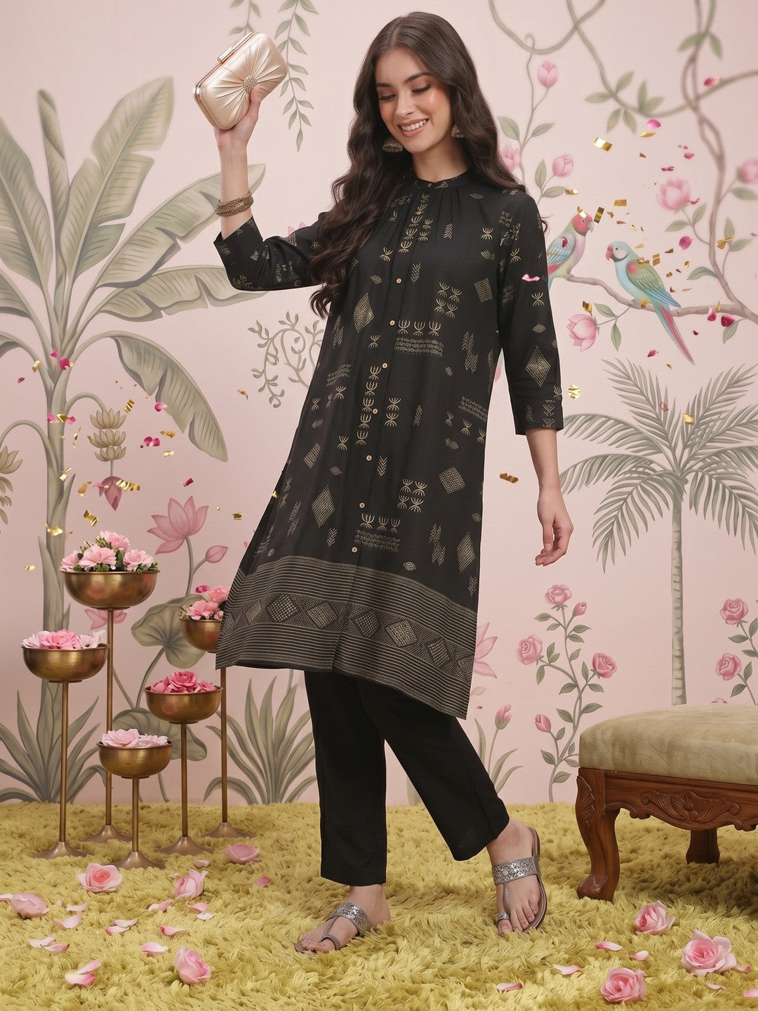 Ethnic Motifs Print Pleated Pure Cotton Kurta with Trousers