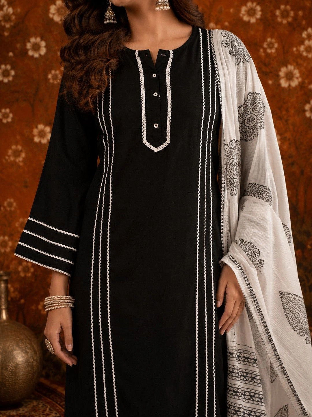 Striped Round Neck Straight Kurta With Palazzos & Dupatta