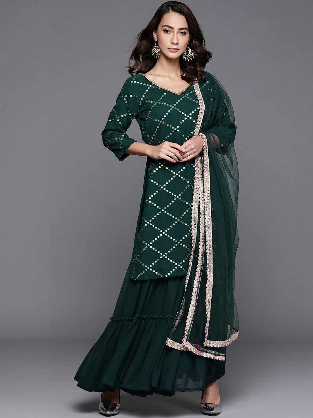 Women Ethnic Motifs Embroidered Regular Sequinned Kurta with Sharara & With Dupatta