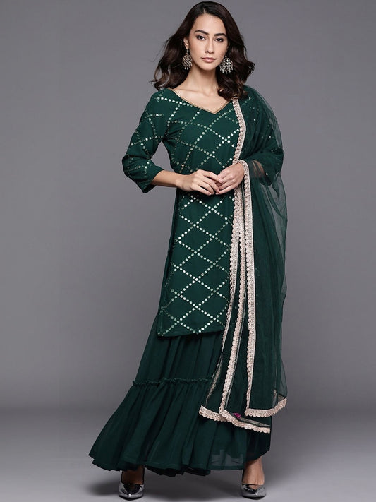 Women Ethnic Motifs Embroidered Regular Sequinned Kurta with Sharara & With Dupatta