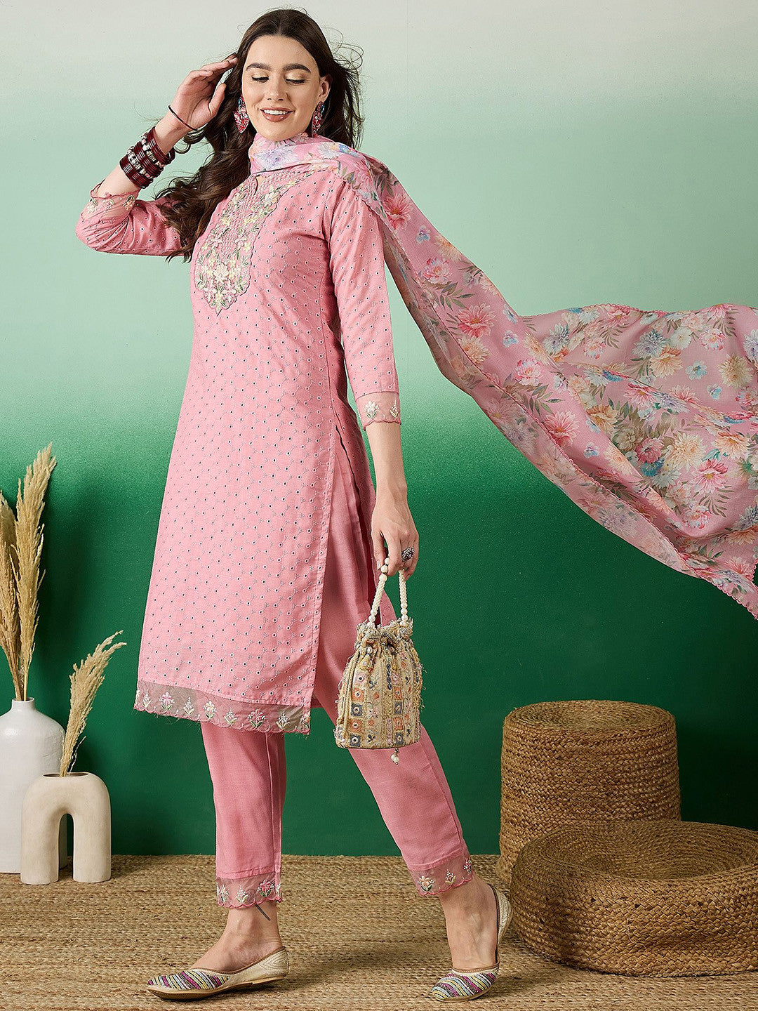 Floral Embroidered Thread Work Pure Cotton Kurta with Trousers & Dupatta