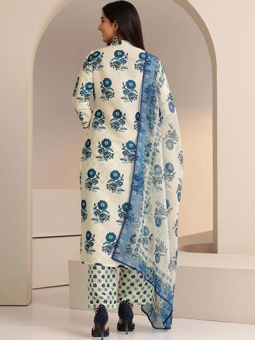 Ivory Floral Printed Straight Cotton Blend Suit Set